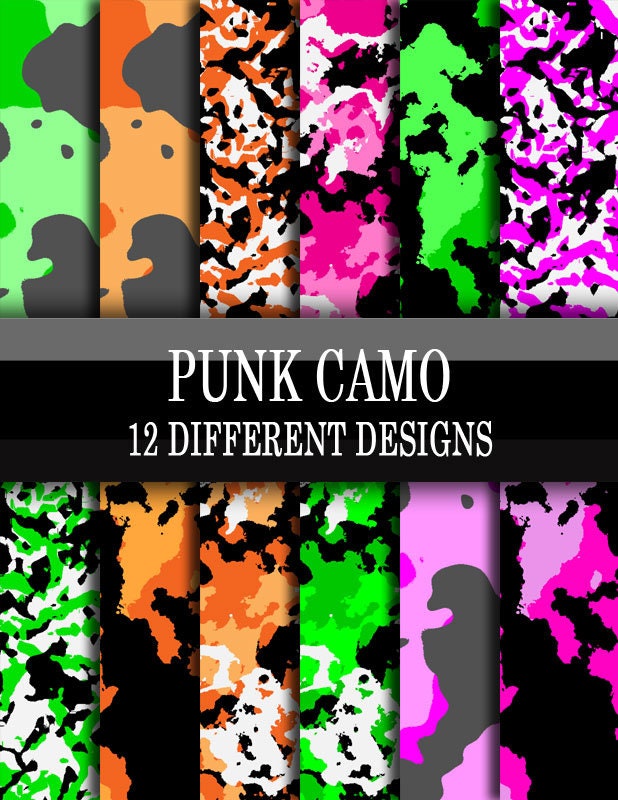 Scrapbook Paper - Digital Download - Punk Camo - green, orange, pink, black camouflage printable designs - Scrapbooking Paper Pack