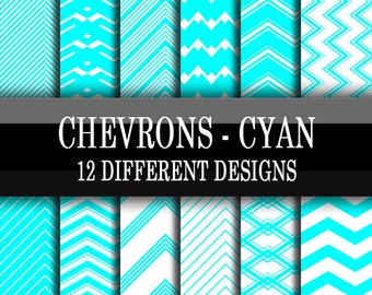 Scrapbooking Paper Basics - Chevron Patterns - Cyan Blue Green - 12 Different Patterns Designs - Digital Download 12 x 12 Inch Sheets