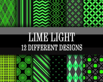 Scrapbook Paper - Digital Download - Lime Light - Bright Green, Black, Gray geometric pattern printable paper