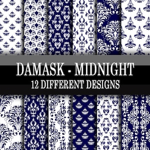 Scrapbooking Paper Basics - Damask Patterns - Midnight Blue - 12 Different Patterns Designs - Digital Download 12 x 12 Inch Sheets