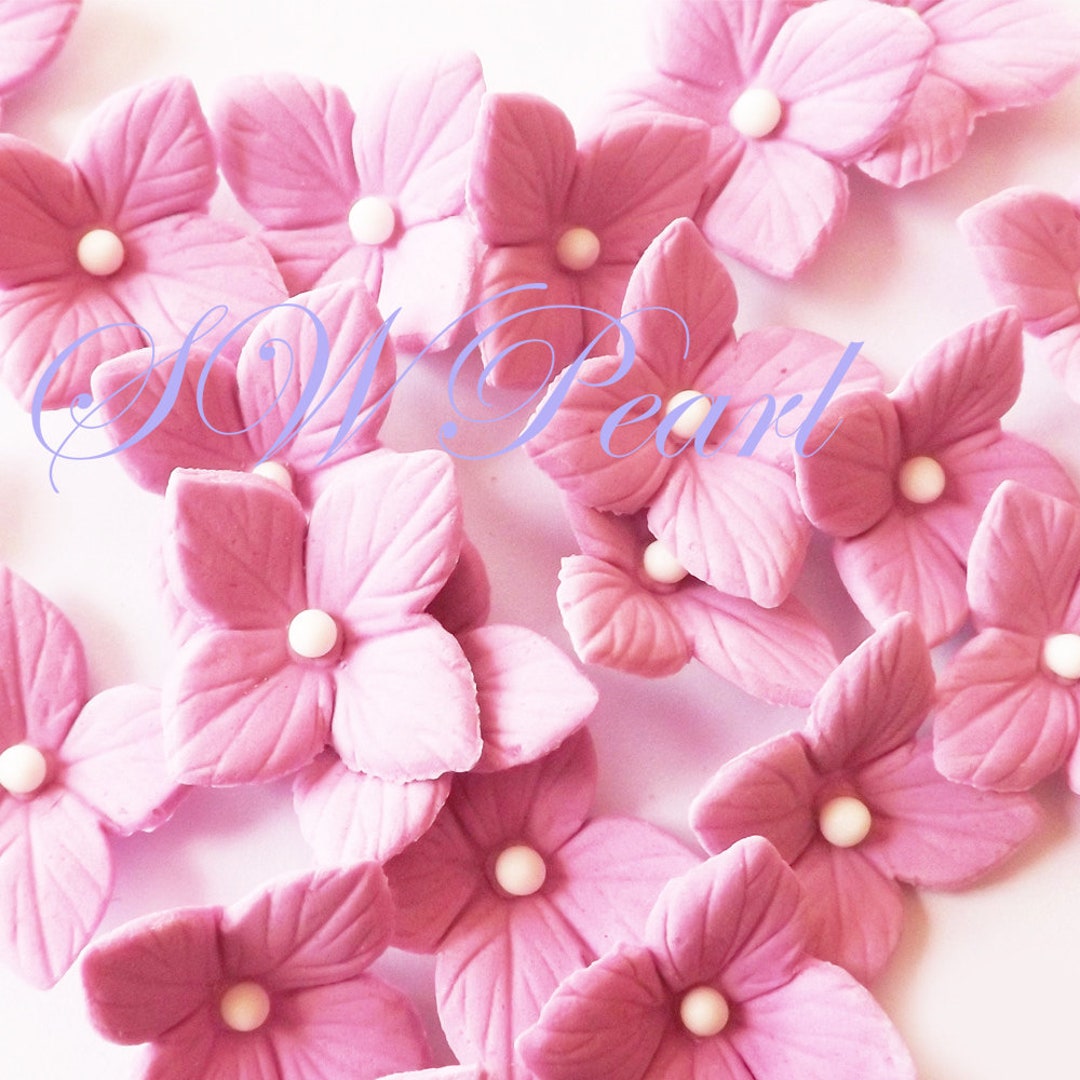 40 Pink Veined Flowers Hydrangea Set Edible Sugar Pearl Balls Cake