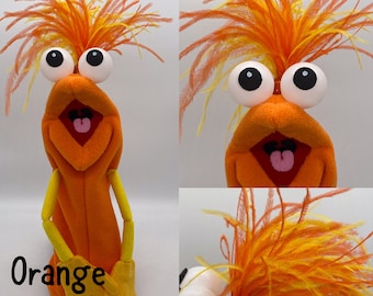 Hand Puppet with 1 feather plume. Child size. (no hand rods)  |  Professional Hand Puppet. Monster Puppets for kids, adults, & professionals