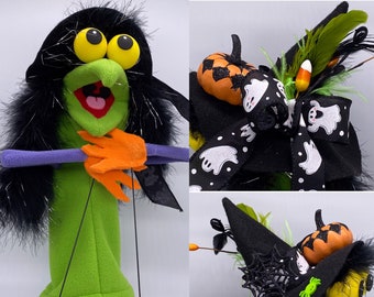 Puppet, Witch Puppet, hand and rod, Adult size with 1 or 2 hand rods, Child size with no hand rods, Professional Hand Puppet, Monster Puppet