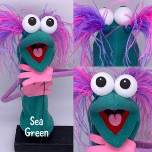 Puppet, hand and rod, with 2 feather plumes and 1 hand rod. Adult size. Professional Hand Puppet. Monster Puppets Adults & professionals Sea Green