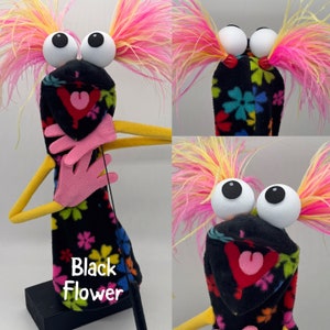 Puppet, hand and rod, with 2 feather plumes and 1 hand rod. Adult size. Professional Hand Puppet. Monster Puppets Adults & professionals Black Flower