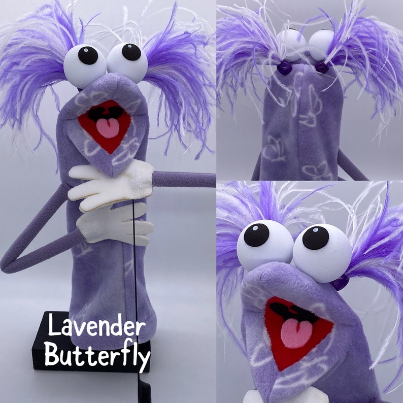 Puppet, hand and rod, with 2 feather plumes and 1 hand rod. Adult size. Professional Hand Puppet. Monster Puppets Adults & professionals Lavender Butterfly