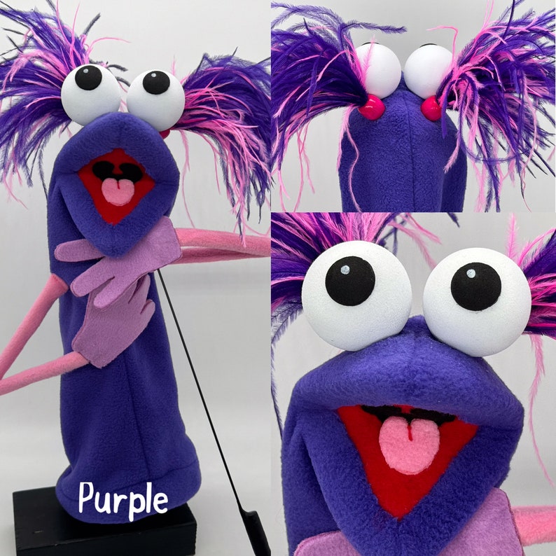 Puppet, hand and rod, with 2 feather plumes and 1 hand rod. Adult size. Professional Hand Puppet. Monster Puppets Adults & professionals Purple