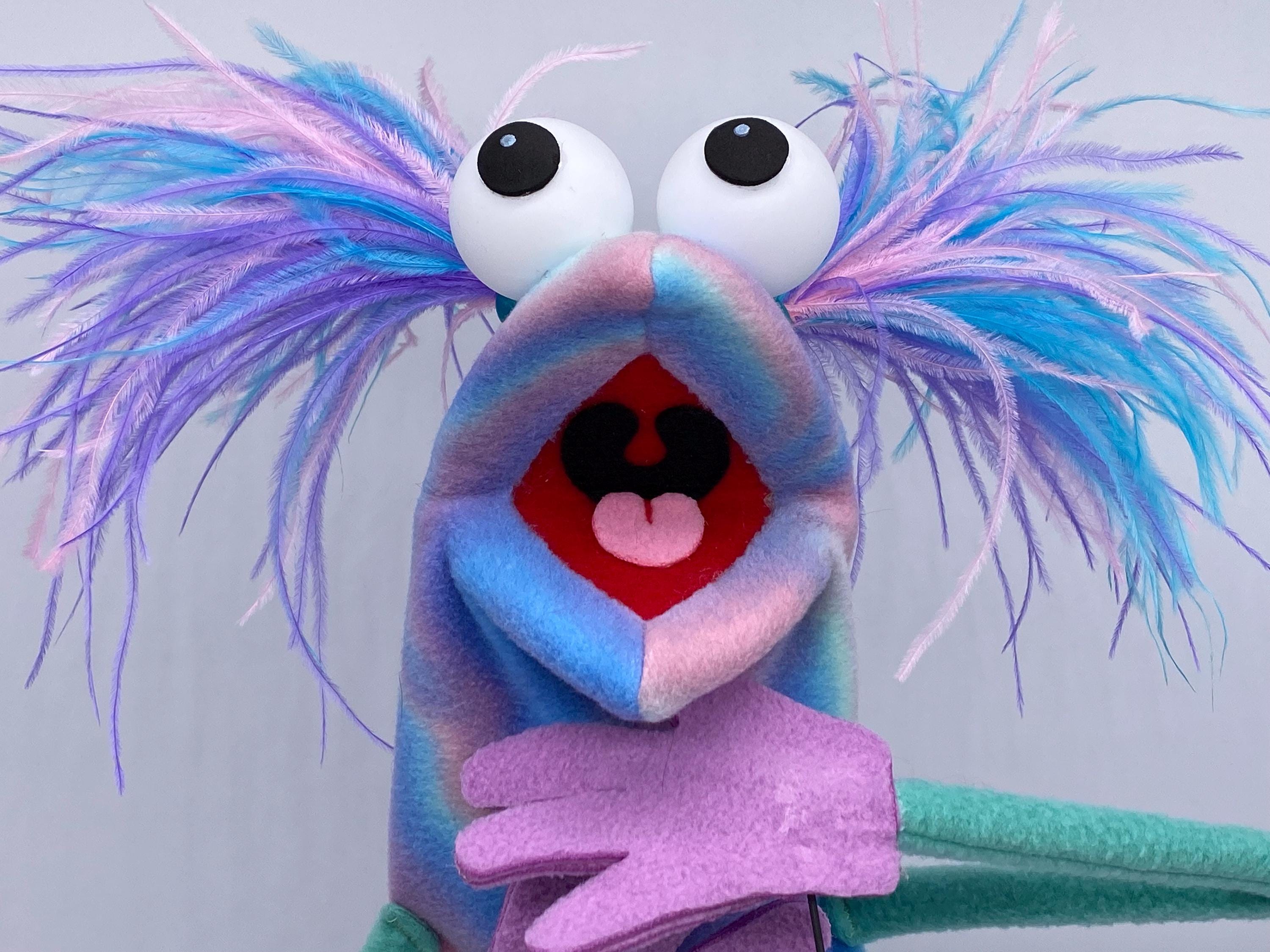 Puppet, hand and rod, with 2 feather plumes and 1 hand rod. Adult size.  |  Professional Hand Puppet. Monster Puppets Adults & professionals