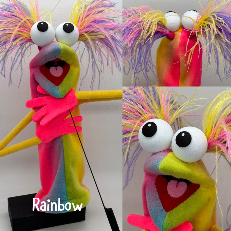 Puppet, hand and rod, with 2 feather plumes and 1 hand rod. Adult size. Professional Hand Puppet. Monster Puppets Adults & professionals Rainbow