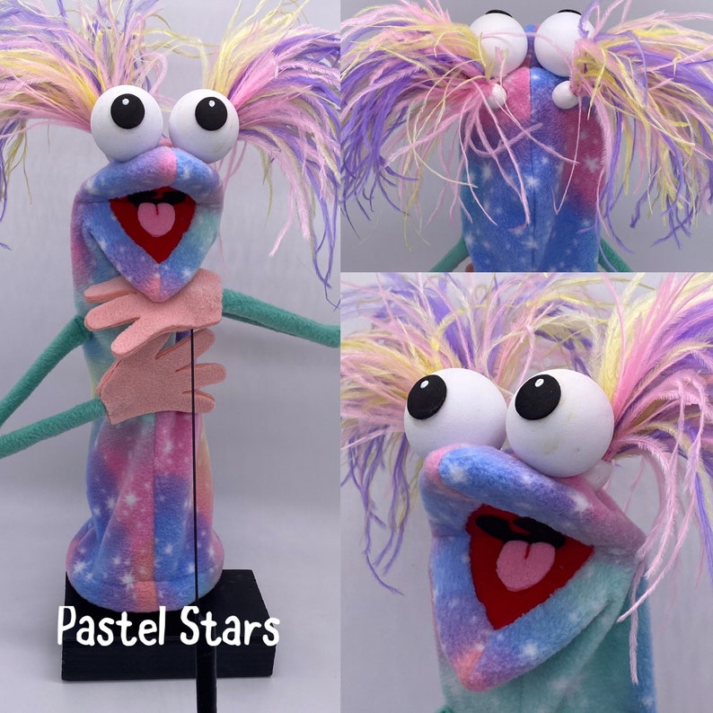 Puppet, hand and rod, with 2 feather plumes and 1 hand rod. Adult size. Professional Hand Puppet. Monster Puppets Adults & professionals Pastel Stars