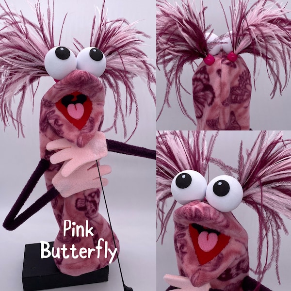 Puppet, hand and rod, with 2 feather plumes and 1 hand rod. Adult size.  |  Professional Hand Puppet. Monster Puppets Adults & professionals