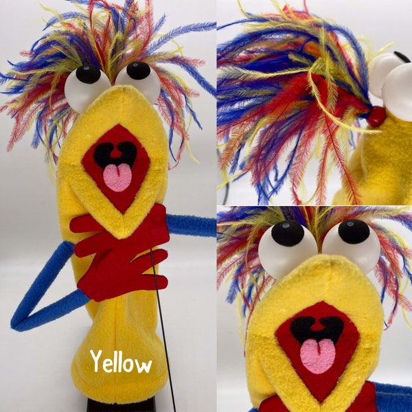 Puppet, hand and rod, with 1 feather plume and 1 hand rod. Adult size.  |  Professional Hand Puppet. Monster Puppets Adults & professionals