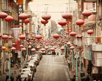 San Francisco Chinatown Red Lanterns Photograph, Vintage Red and Beige, Chinese, Lantern- Flying Lanterns