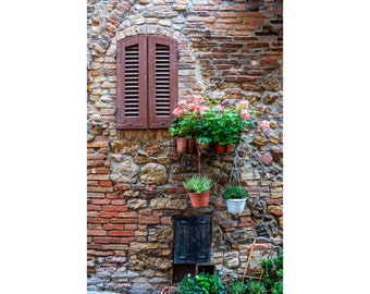 Monteriggioni, Tuscany, Italy, Colorful, Flowers, Shutters, Bricks, Medieval,   -Textures of Monteriggioni