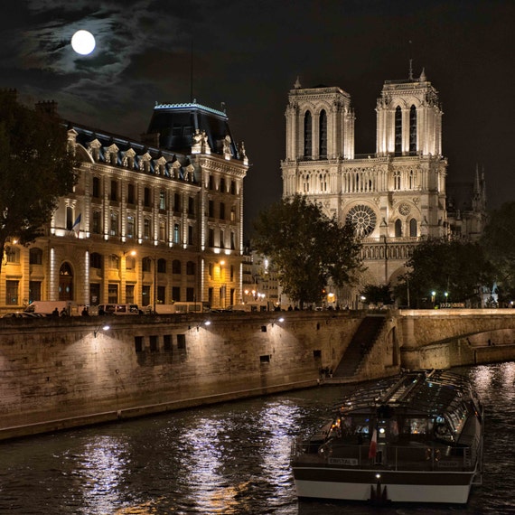 Notre Dame Cathedral Paris on the Seine River, Notre Dame by Night