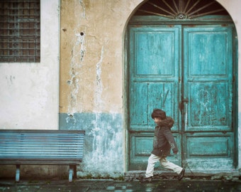 Italy Photography, Blue Door,Teal, Boy, Beige, Running, Home Decor, Wall Art, Lucca, Vintage  - Playful in Tuscany