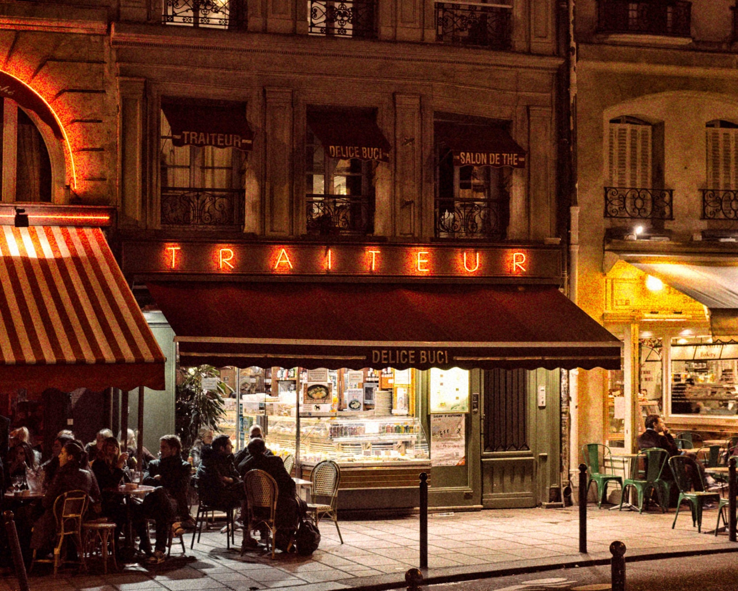  Sidewalk  Cafe  at Night in Paris  France  Photography French 