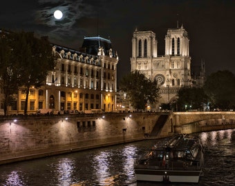 Notre Dame Cathedral Paris on the Seine River, Notre Dame by Night, Paris Nighttime lights and full moon, Notre Dame Along the Seine