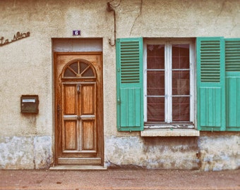 French Blue Shutters and Brown Door in Paris Photography, Window, Teal, Gray,Vintage, Village - A Simple French Life (Horizontal orient.)