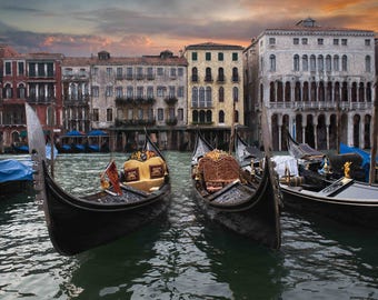 Venice Italy at Sunset Gondola Photography, Boats, Ornate, Colorful, On the Water: Gondolas at Rest