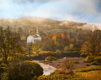 Vermont Church in Autumn Photograph, New England Fall Trees and Foggy River, Wall Art, Landscape, Nature, Foliage - Dawn Breaks in Vermont