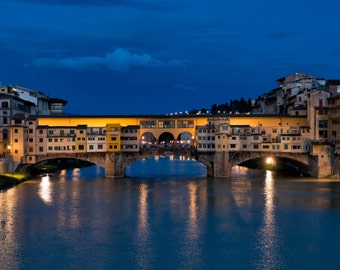 Ponte Vecchio Bridge Florence Italy fine art photograph, Arno River at Night Blue and Gold, Florence at Night - The Magic of Ponte Vecchio