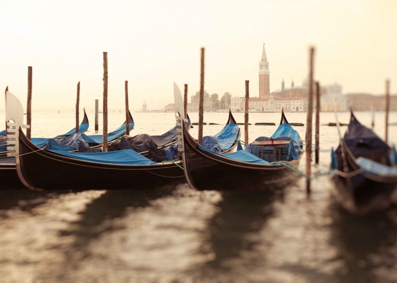 Venice Italy Gondola Photography, Italian Fine Art Photograph, Water, Boats, Wall Art, Home Decor, Vintage, Blue Gondolas of San Giorgio image 2