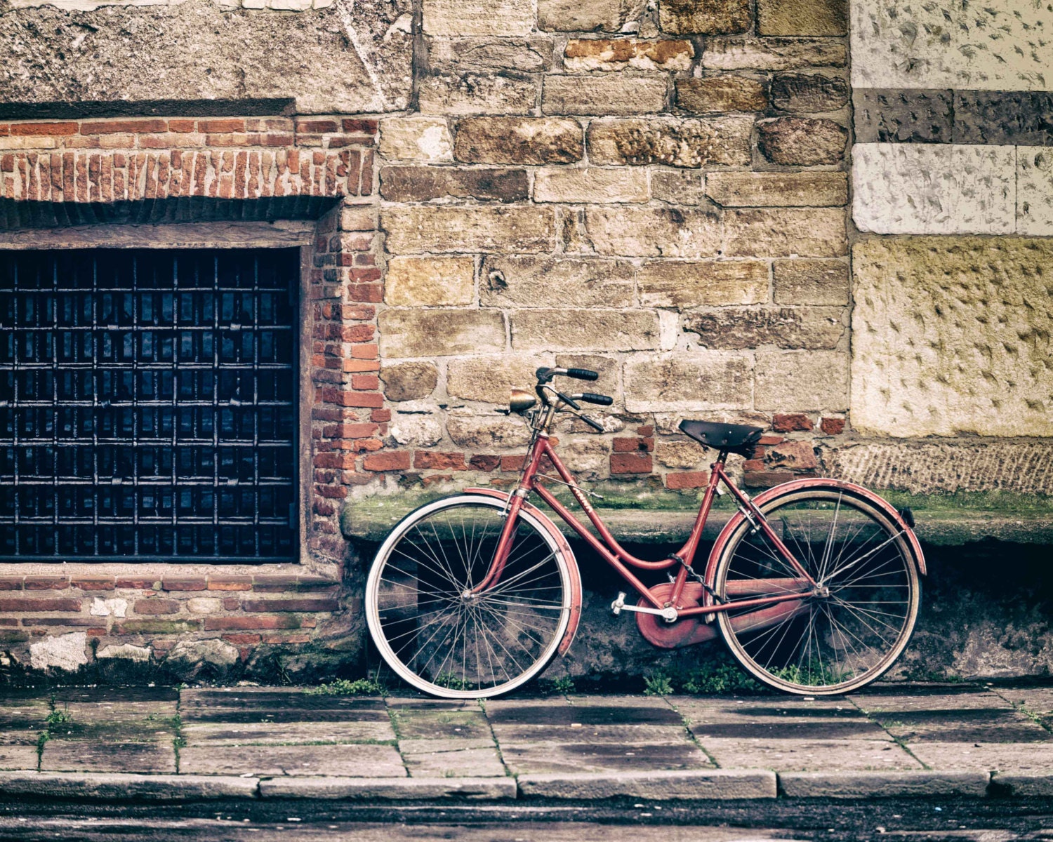 Italy Photography Red Bicycle Leaning Against Brick Wall, Classic ...