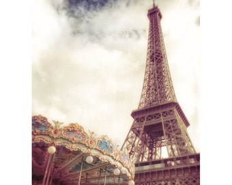 Paris Eiffel Tower Carousel Decor 1, Eiffel tower in Pastels Beige Blue Gold, Nursery Art, Photograph, Carousel at the Eiffel Tower 1