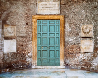 Rome Italy Teal Door Photograph,  Blue and Brown Roman Doorway Brick and Wood Photography, Home Decor, Wall Art, textures- Roman Blue Door