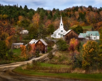 Vermont Church in Autumn Colors Photograph, Fall, Trees, Foliage, Village Road, Small Town, Americana - Heaven in New England