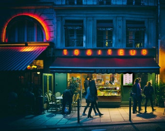 Paris Cafe at Night Photography, Saint Germain Restaurant, Wall Art, Sidewalk, Blue, Red, Green, Home Decor, Europe, France - Paris in Neon