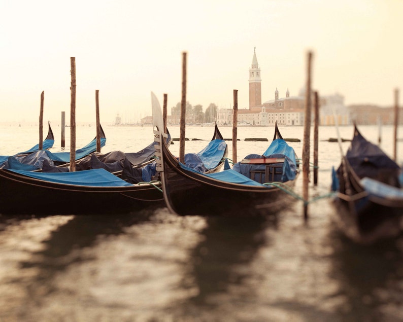 Venice Italy Gondola Photography, Italian Fine Art Photograph, Water, Boats, Wall Art, Home Decor, Vintage, Blue Gondolas of San Giorgio image 1