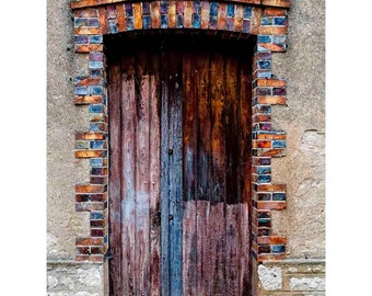 Colorful French Brick and Wood Door Photograph, France,Textured, Rust Red, Brown, Orange, Blue, Beige- French Farm Door -D