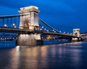 Chain Bridge on a calm Hungarian Night, Budapest Hungary Photograph: Chain Bridge in Blue