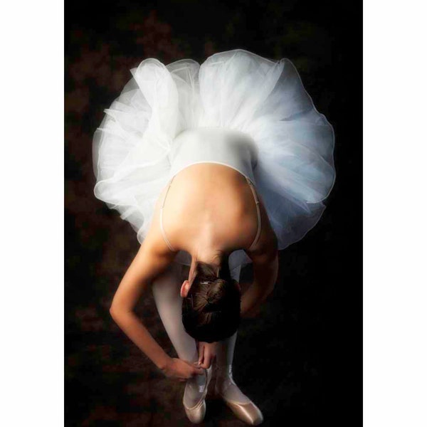 Ballet Dancer in White tutu and pink pointe shoes, Nutcracker Ballet Costume - Dancer's Pause (Vertical orientation see full image)