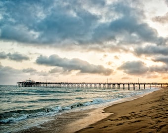 Newport Beach California Sunset in Summer, Southern California Pacific Ocean Pier, Sand, Blue, Gold, Waves, Clouds - Newport at Sunset