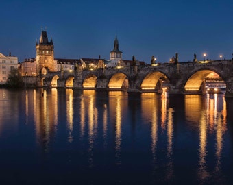 Charles Bridge in Prague at Night Photograph, Czech Republic, River Vitava, Stone, Lights, Blue and Gold- Charles in the Night