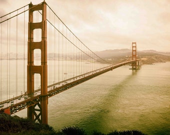 Golden Gate Bridge in Mist, San Francisco California Landmark, Vintage, Orange, Beige - Mist on the Golden Gate