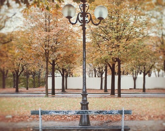 Paris in the fall park bench and lamppost, Paris Photography, Home Decor, Wall Art, Green, Red, Yellow, Brown:  An Autumn Day in Paris