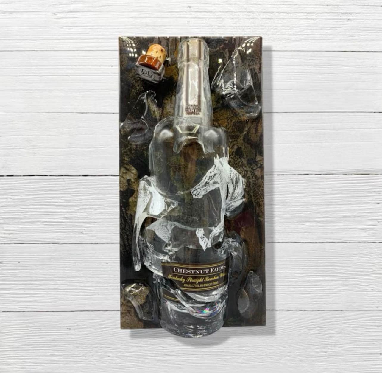 Shattered Whiskey Bottle Wall Art: Camouflage Resin 3D Sculpture