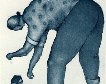May include: A blue and white illustration of a person bending down to pick up a small house. A small airplane flies overhead with a trail of smoke.