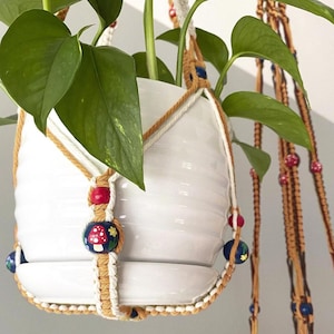 Mushroom Macrame Plant Hanger w/ Handpainted Beads (for small/medium pots) - INDOOR - 2 color options