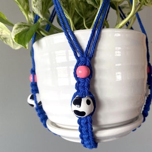 May include: A blue macrame plant hanger with pink and black and white beads. The hanger is holding a white ceramic pot with a green plant.