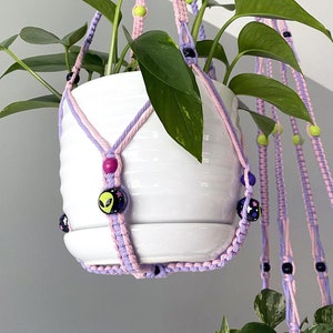 May include: A purple and pink macrame plant hanger with green beads and alien-themed beads. A white pot with a green plant is hanging in the macrame.