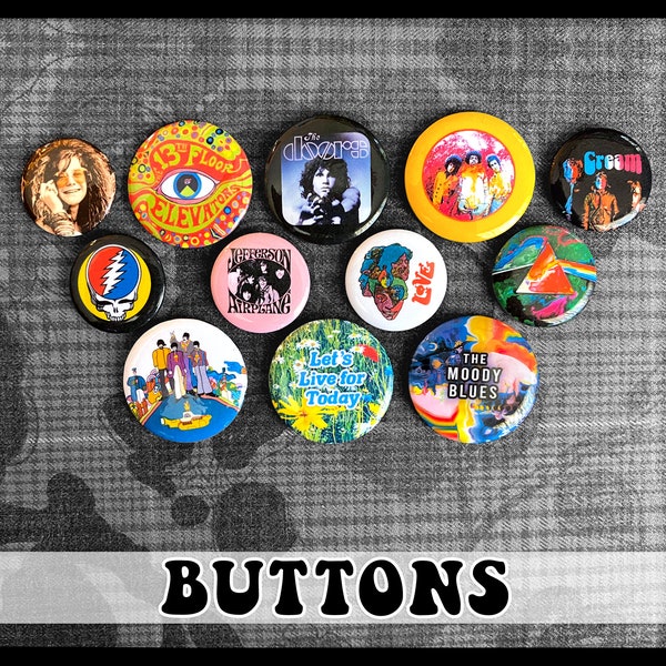 Classic Psychedelic Rock Pin-back Buttons ~ 12-pack