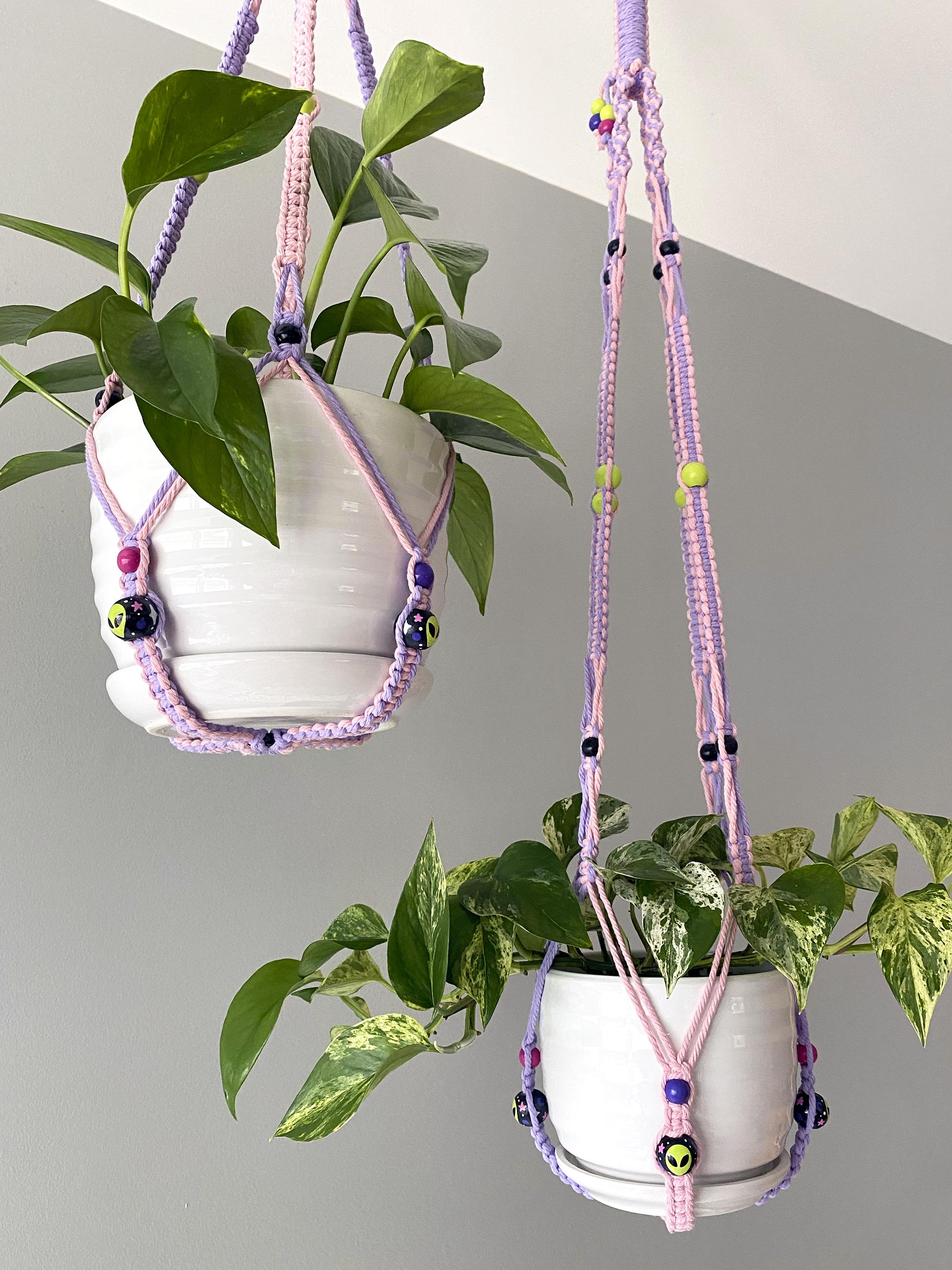 Alien Macrame Plant Hanger W/ Handpainted Beads (for Small/medium Pots ...