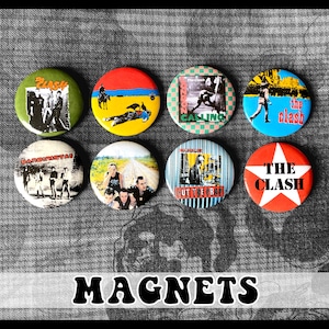 May include: Set of 8 round The Clash band magnets. The magnets feature various album covers and band logos. The magnets are red, blue, green, yellow, and white.