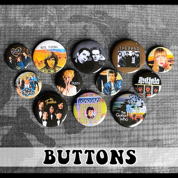 1960s Folk Rock Pin-back Buttons ~ 12-pack