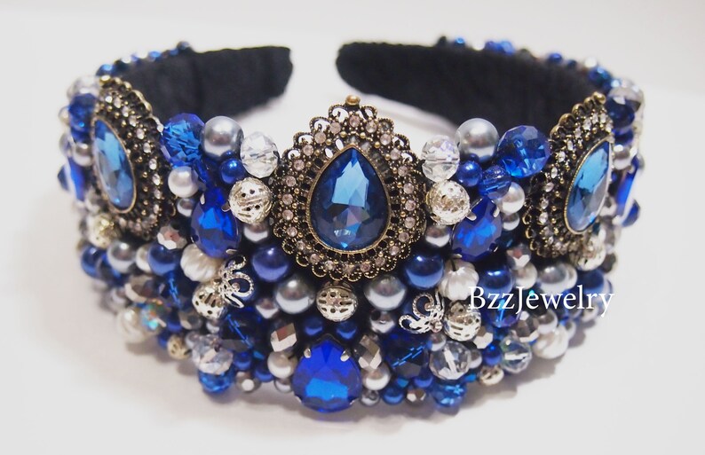 Blue russian crown Headband bead embroidered headpiece tiara Etsy